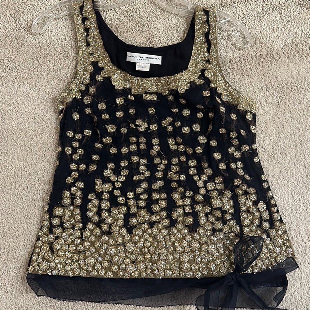 Carolina Herrera Black and Gold Embellished Beaded Tank Top